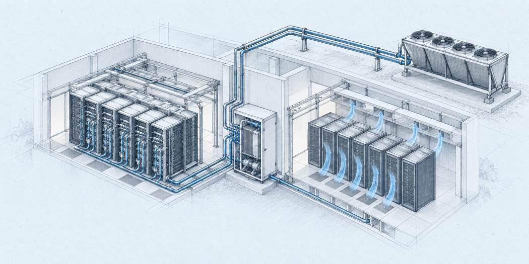 Architectural sketch of air and liquid cooling systems connected to a heat exchanger and outdoor cooler