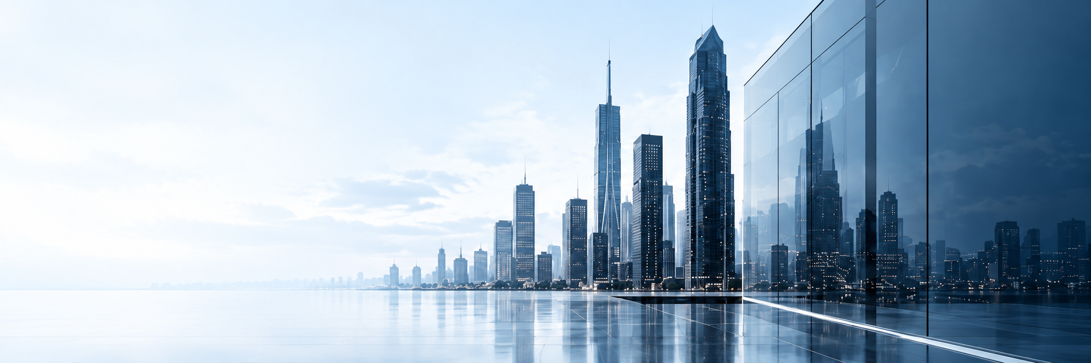 Glass towers overlooking a waterfront financial district